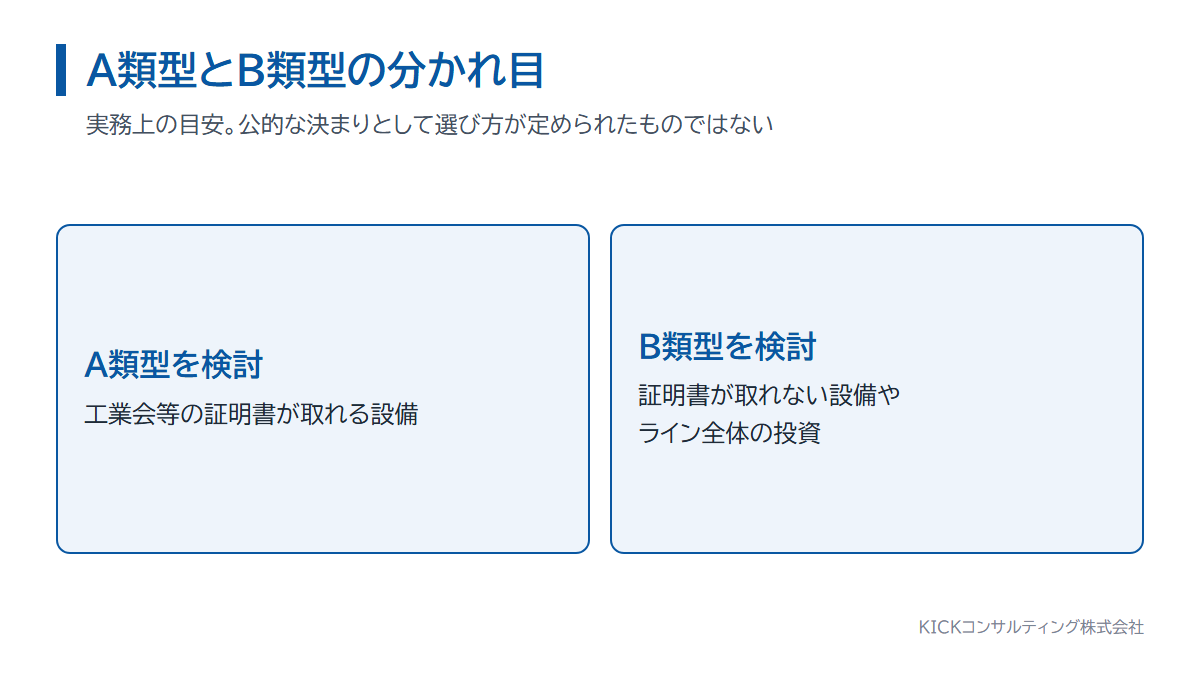 A類型とB類型の分かれ目。工業会等の証明書が取れる設備かどうかで検討する類型が変わる