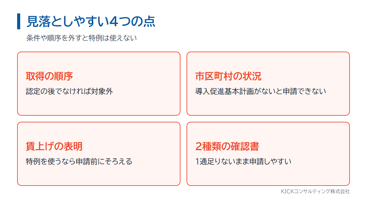 先端設備等導入計画で見落としやすい4つの点。取得の順序、市区町村の状況、賃上げの表明、2種類の確認書