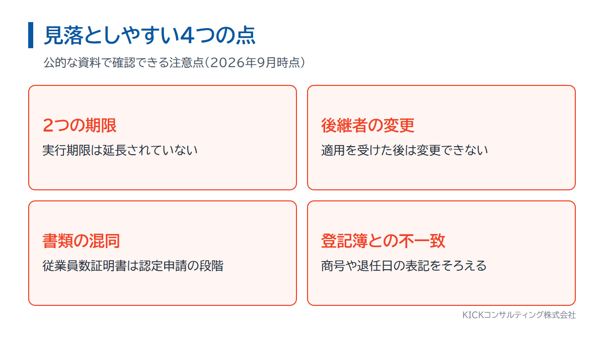 特例承継計画で見落としやすい注意点。2つの期限、後継者の変更、添付書類の混同、登記簿との不一致